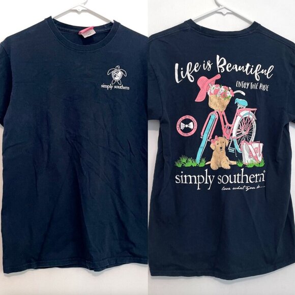 SIMPLY SOUTHERN Life is Beautiful Enjoy the Ride Short Sleeve Tee Navy Blue M - Picture 2 of 16